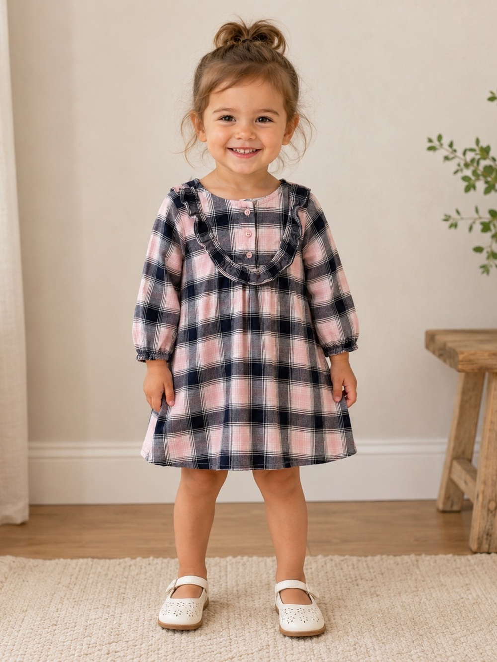 GAP Pink and Navy Plaid Ruffle-Yoke Dress